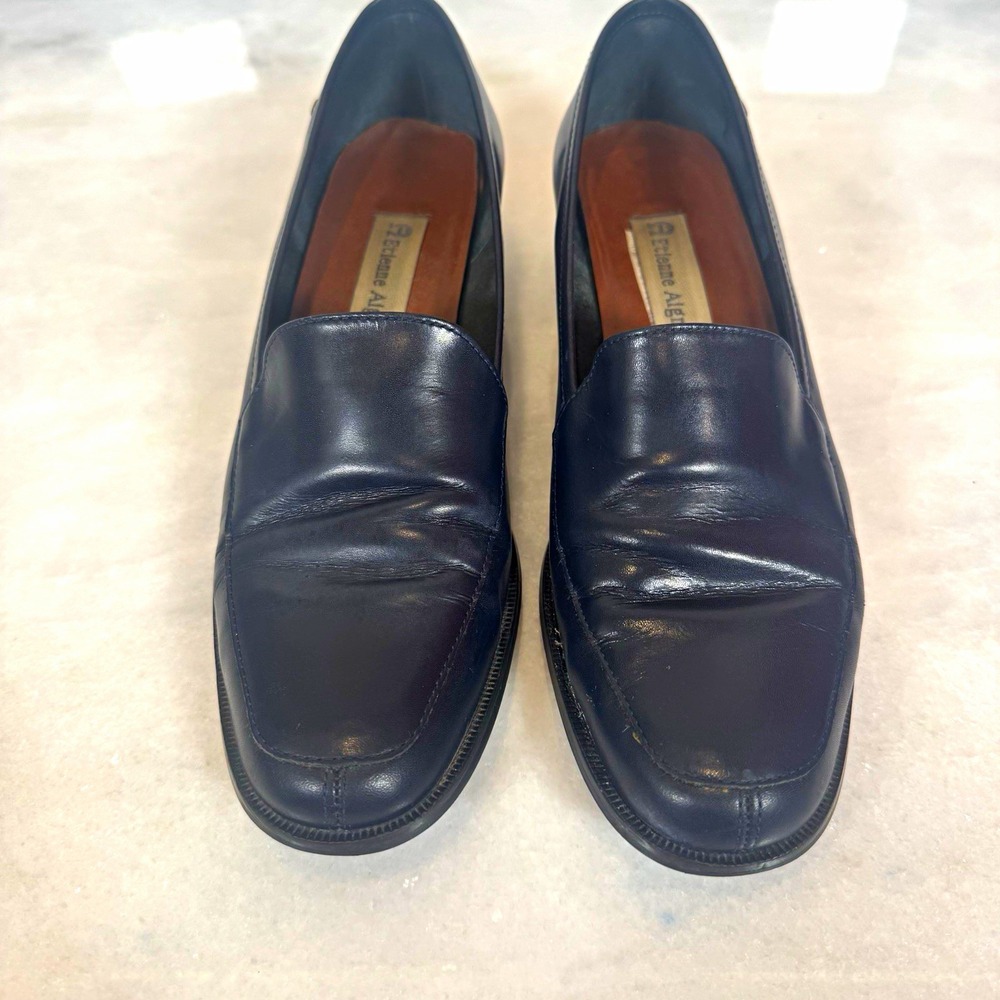 Vintage 90s Etienne Aigner Townsend Navy Blue Leather Loafers Size 8N Block Heel